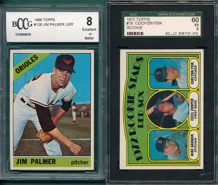 1966 Topps #126 Jim Palmer & 1972 Topps #79 Fisk, Lot of (2), SGC *Rookie*