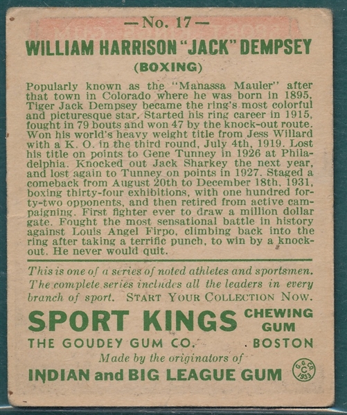 1933 Goudey Sport Kings #17 Jack Dempsey *Boxing*