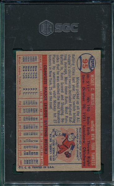 1957 Topps #95 Mickey Mantle SGC 4