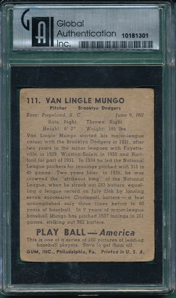 1939 Play Ball #111 Van Mungo GAI Authentic *Signed*