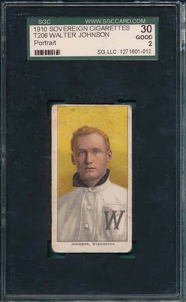 1909-1911 T206 Walter Johnson, Portrait, Sovereign Cigarettes SGC 30