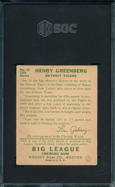 1934 Goudey #160 Hank Greenberg SGC 4 *Rookie*