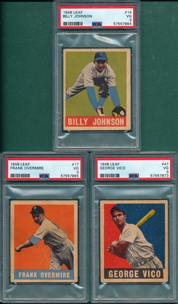 1948 Leaf #14 Johnson, #17 Overmire and #47 Vico, Lot of (3) PSA 3