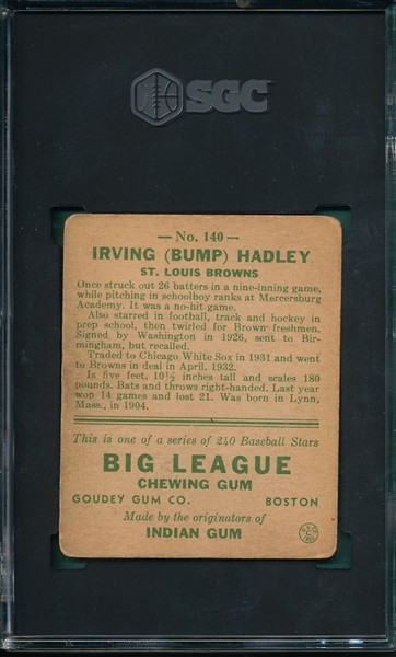 1933 Goudey #140 Bump Hadley SGC 2.5