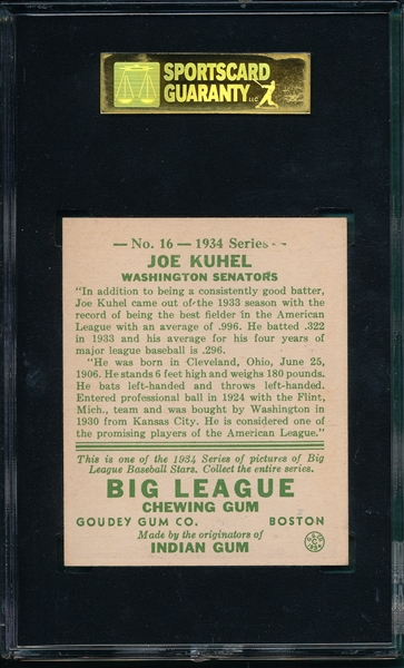 1934 Goudey #16 Joe Juhel SGC 88