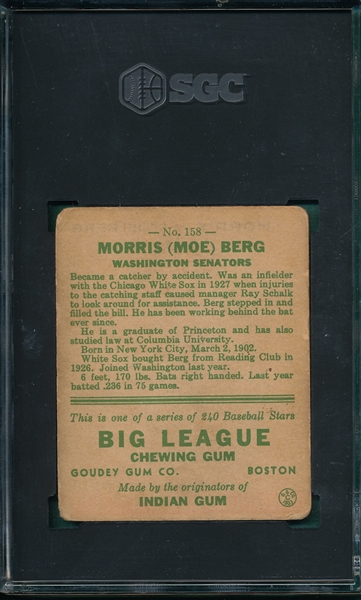 1933 Goudey #158 Moe Berg SGC 2