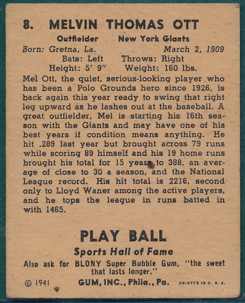 1941 Play Ball #8 Mel Ott
