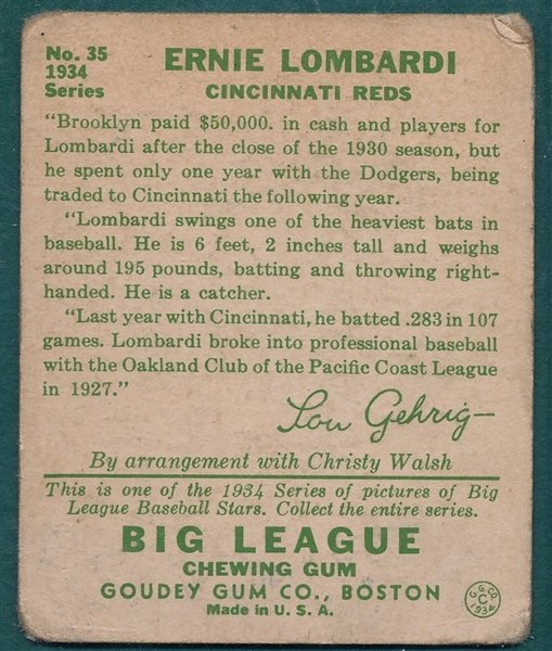 1934 Goudey #35 Ernie Lombardi