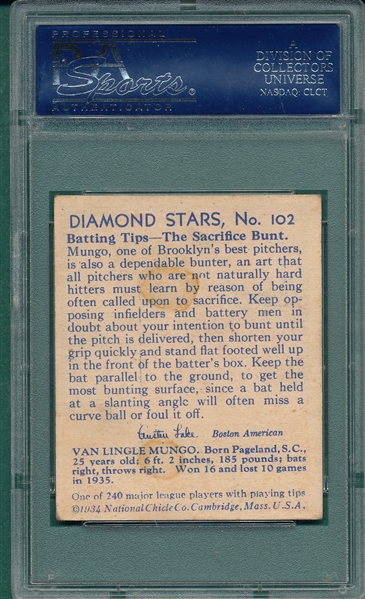 1934-36 Diamond Stars #102 Van Mungo PSA 2 *Hi #*