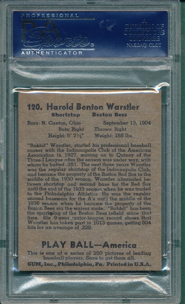 1939 Play Ball #120 Rabbit Warstler PSA 8