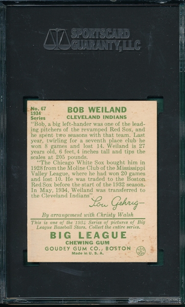1934 Goudey #67 Bob Wieland SGC 88