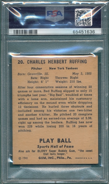 1941 Play Ball #20 Red Ruffing PSA 4