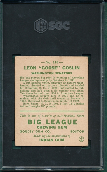 1933 Goudey #110 Goose Goslin SGC 4.5