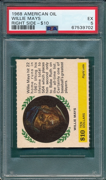 1968 American Oil Willie Mays, Right Side-$10, PSA 5