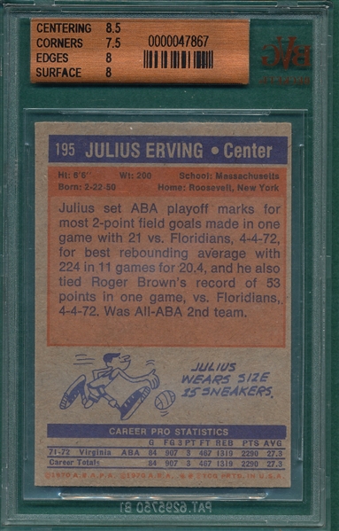 1972-73 Topps BSKT #195 Julius Erving BVG 8 *Rookie*