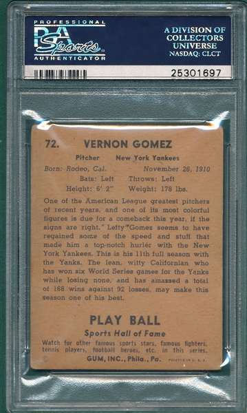 1941 Play Ball #72 Lefty Gomez PSA 3