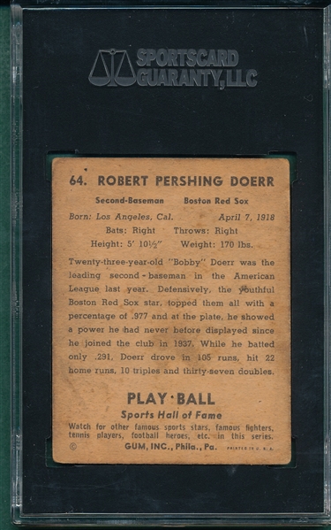 1941 Play Ball #64 Bobby Doerr SGC 3