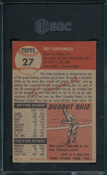 1953 Topps #27 Roy Campanella SGC 2