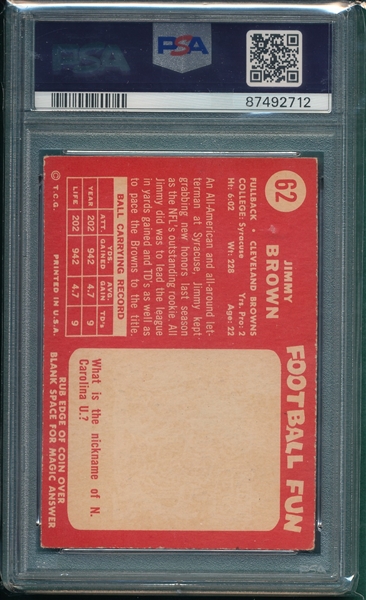 1958 Topps #62 Jimmy Brown, PSA 4 *Rookie*