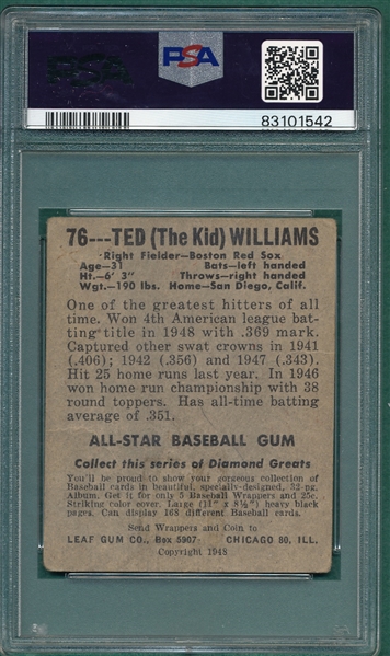1948 Leaf #76 Ted Williams PSA 1
