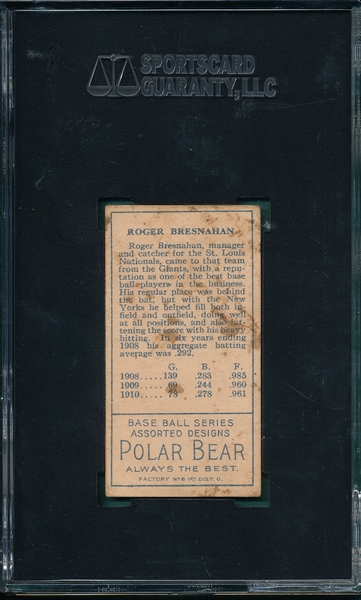 1911 T205 Bresnahan, Mouth Closed, Polar Bear Tobacco SGC 30 