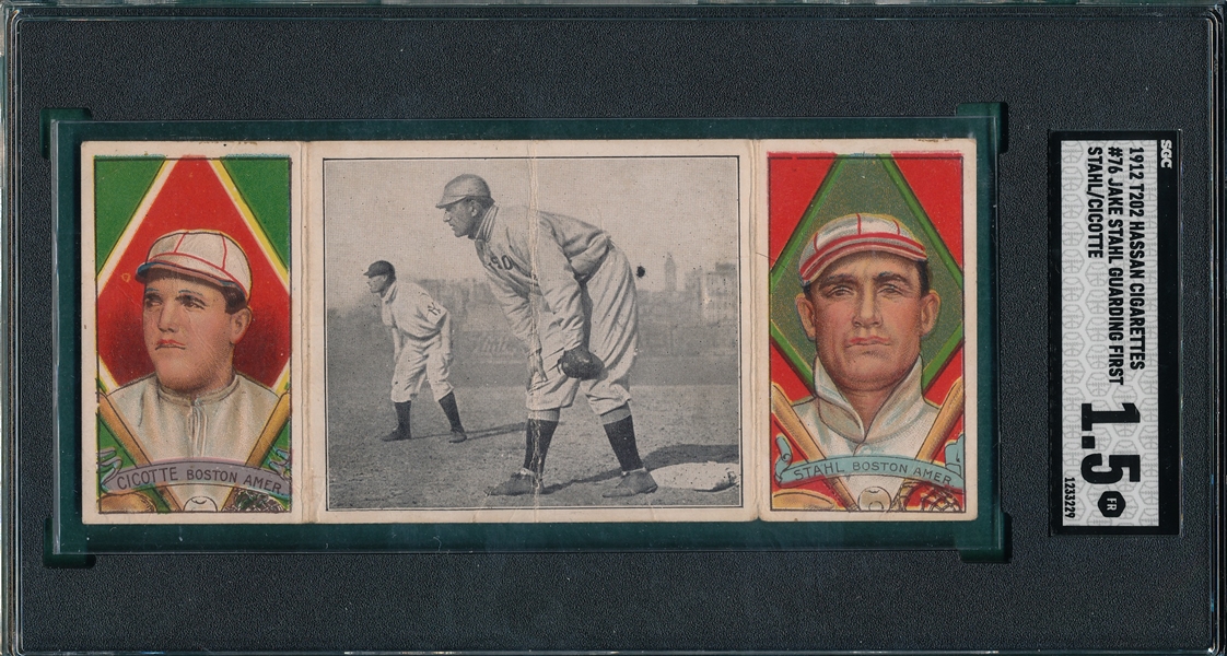 1912 T202 Jake Stahl Guarding First, Cicotte/Stahl Hassan Cigarettes SGC 1.5