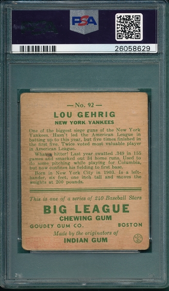 1933 Goudey #92 Lou Gehrig PSA 3