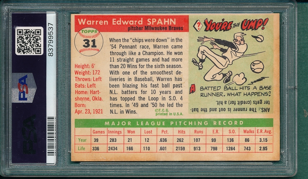1955 Topps #31 Warren Spahn PSA 2