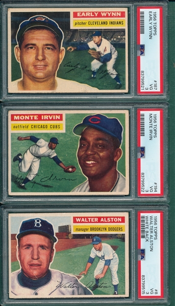 1956 Topps #8 Alston, #187 Wynn & #194 Irvin, Lot of (3), PSA 3