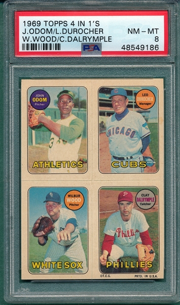 1969 Topps Baseball 4 In 1's, Odom/Durocher/Wood/Dalrymple, PSA 8
