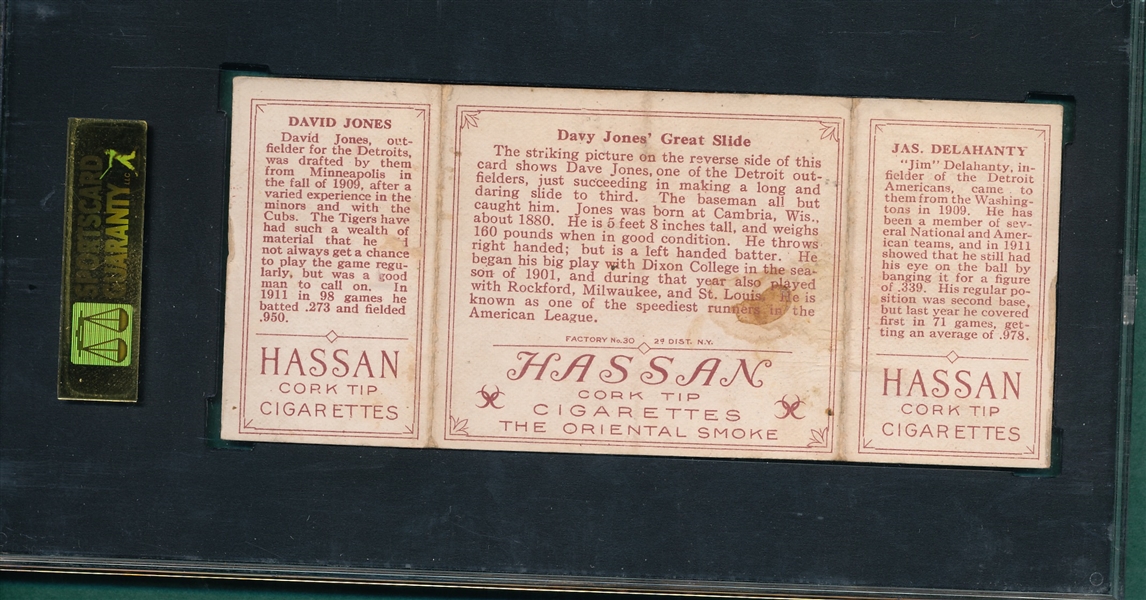 1912 T202 Davy Jones Great Slide, Delehanty/D. Jones, Hassan Cigarettes Triple Folder SGC 40