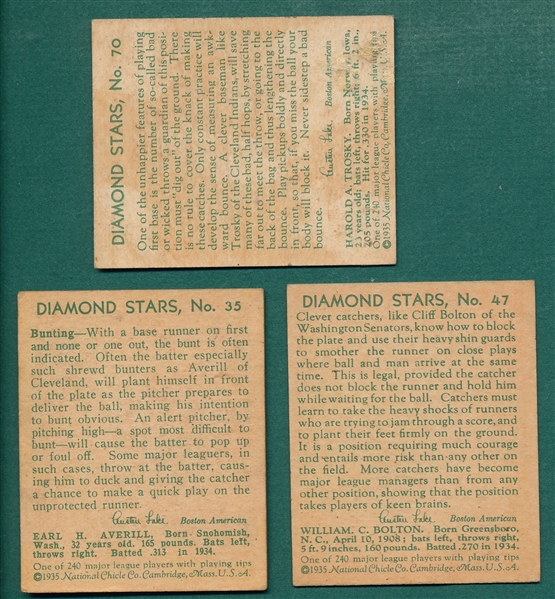 1934-36 Diamond Stars #35 Averill, #47 Bolton, & #70 Trosky, Lot of (3)
