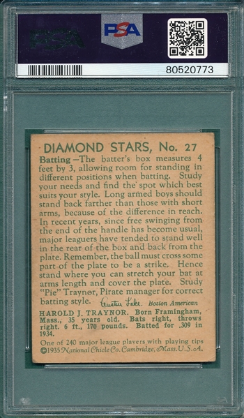 1934-36 Diamond Stars #27 Pie Traynor PSA 2