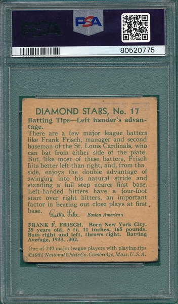 1934-36 Diamond Stars #17 Frankie Frisch PSA 3