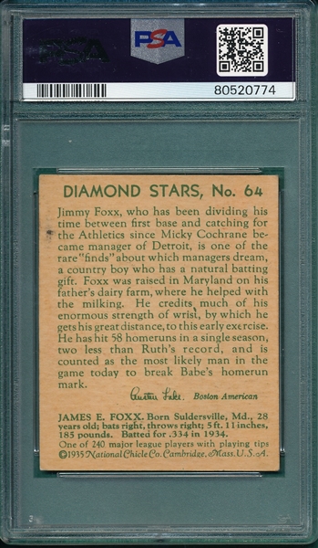 1934-36 Diamond Stars #64 Jimmie Foxx PSA 3.5