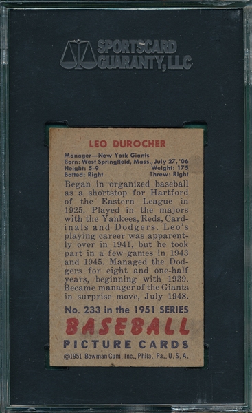 1951 Bowman #233 Leo Durocher SGC 5