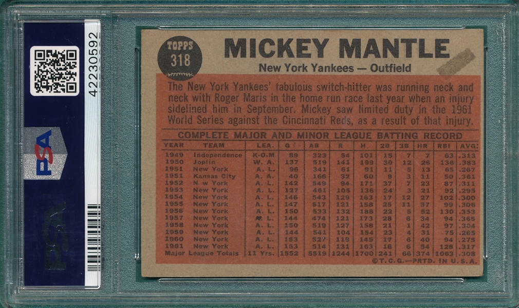 1962 Topps #318 The Switch Hitter Connects W/ Mantle, PSA 2