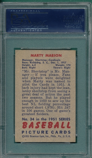 1951 Bowman #34 Marty Marion PSA 8 