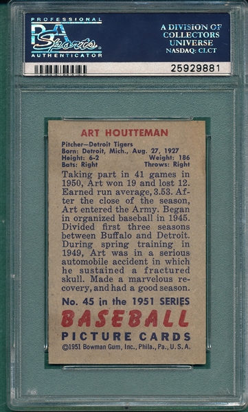 1951 Bowman #45 Art Houtteman PSA 7