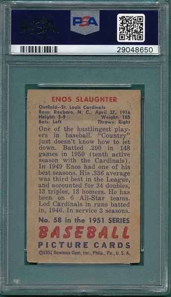 1951 Bowman #58 Enos Slaughter PSA 3.5