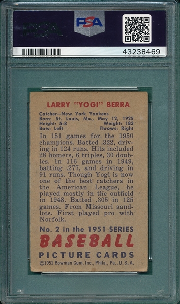 1951 Bowman #2 Yogi Berra PSA 3 