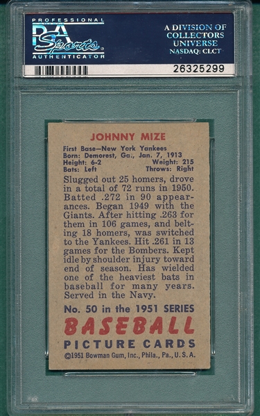 1951 Bowman #50 Johnny Mize PSA 6