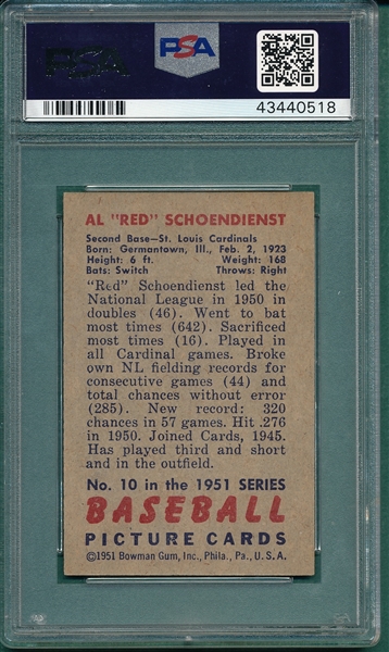 1951 Bowman #10 Red Schoendienst PSA 8