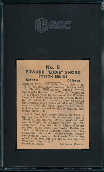 1936-37 World Wide Gum #5 Eddie Shore SGC 5