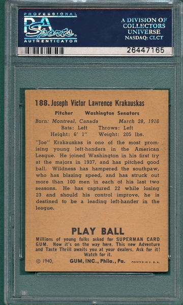 1940 Play Ball #188 Joe Krakauskas PSA 6 *Hi #*