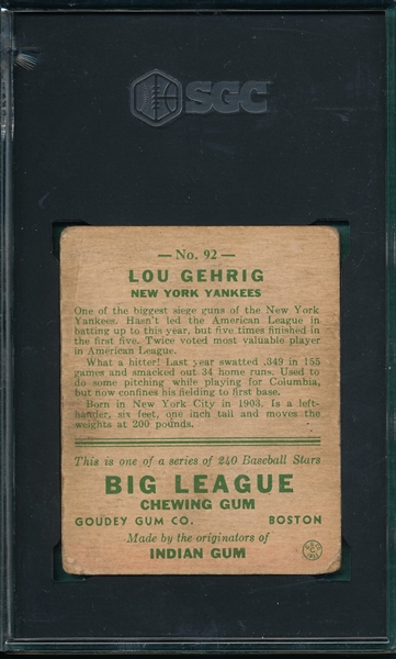 1933 Goudey #92 Lou Gehrig SGC 2