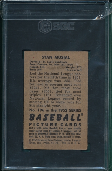 1952 Bowman #196 Stan Musial SGC 3
