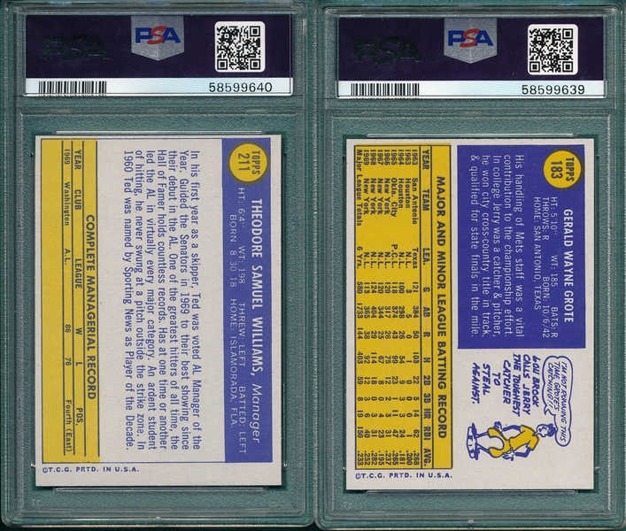 1970 Topps #183 Grote & #211 Ted Williams, Lot of (2), PSA 8