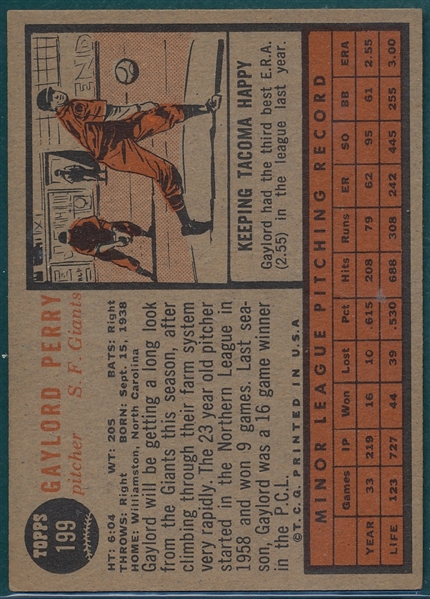 1962 Topps #199 Gaylord Perry *Rookie*