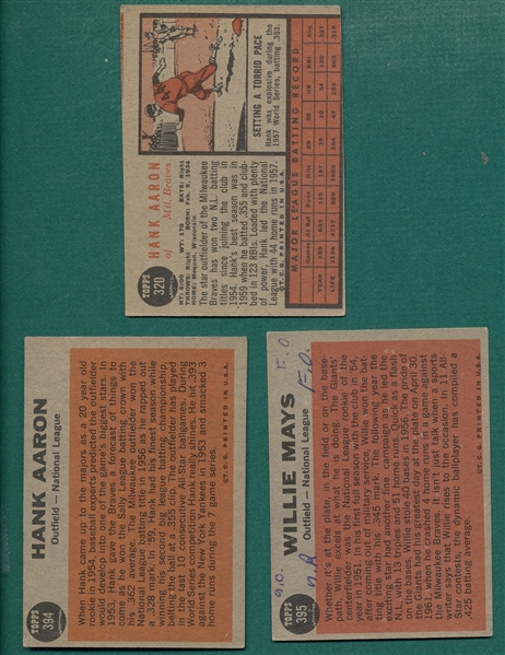 1962 Topps Lot of (3) W/ Aaron & Mays